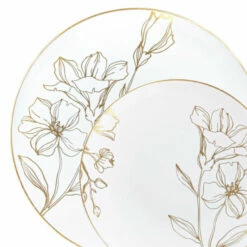 Budget π Posh Setting 32 Pack White and Gold Round Plastic Dinnerware Set (16 Guests) - Antique Floral π