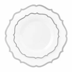Outlet 🎉 Posh Setting 32 count Combo Pack White and Silver Round Plastic Dinnerware set (16 Guests) - Contemporary 🎉