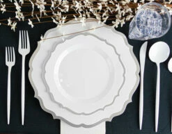 Outlet 🎉 Posh Setting 32 count Combo Pack White and Silver Round Plastic Dinnerware set (16 Guests) - Contemporary 🎉 -Cheap poshsetting Store 2905 C1mb 600x469 1