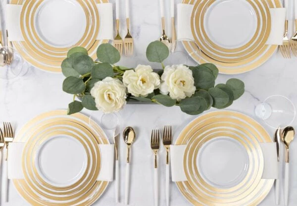 Buy π Posh Setting 20 Pack White and Gold Wide Rim Plastic Dinnerware Set (10 Guests) - Hemisphere π 4 Buy π Posh Setting 20 Pack White and Gold Wide Rim Plastic Dinnerware Set (10 Guests) - Hemisphere π - Image 2