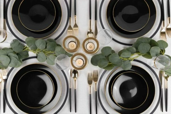 Discount ✨ Posh Setting 32 Pack Black and Gold Round Plastic Dinnerware Set (16 Guests) - Organic 🥰 4 Discount ✨ Posh Setting 32 Pack Black and Gold Round Plastic Dinnerware Set (16 Guests) - Organic 🥰 - Image 2