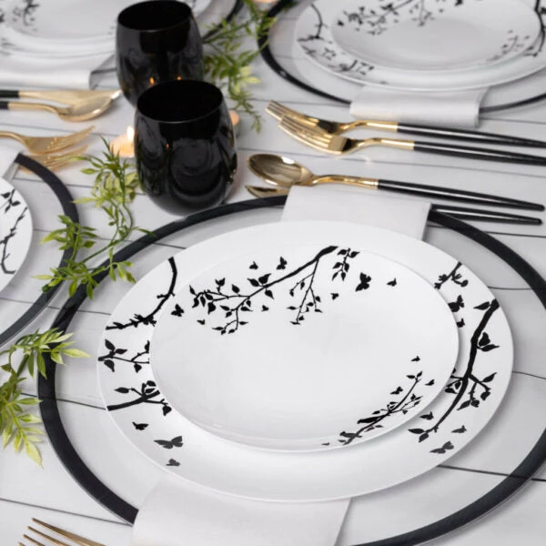 Promo ✨ Posh Setting 32 Pack White and Black Round Plastic Dinnerware Set (16 Guests) - Spring 🥰 4 Promo ✨ Posh Setting 32 Pack White and Black Round Plastic Dinnerware Set (16 Guests) - Spring 🥰 - Image 2