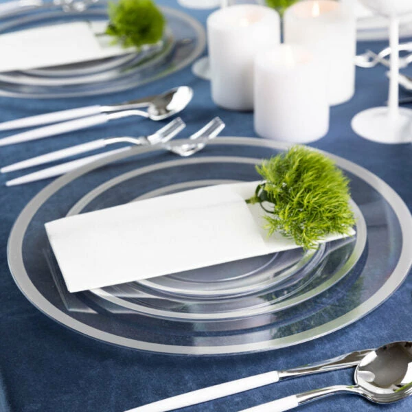 Wholesale 🧨 Posh Setting 32 Pack Clear and Silver Rim Plastic Dinnerware Set (16 Guests) - Contrast 🧨 4 Wholesale 🧨 Posh Setting 32 Pack Clear and Silver Rim Plastic Dinnerware Set (16 Guests) - Contrast 🧨 - Image 2