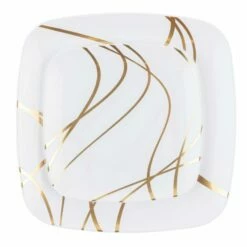 Budget π Posh Setting 32 Pack White and Gold Square Plastic Dinnerware Set (16 Guests) - Impulse π