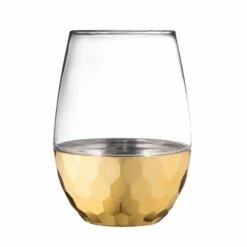 Budget 🎁 Posh Setting 16 Oz Clear Stemless Wine Goblets with 🔨 Hammered Gold Design 6 Pack 🌟