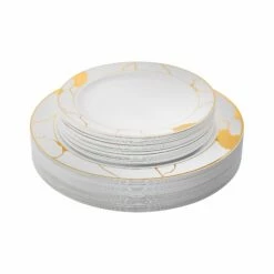 Outlet 🔔 Posh Setting 40 Pack White and Gold Round Plastic Dinnerware Value Set (20 Guests) - Marble 🧨