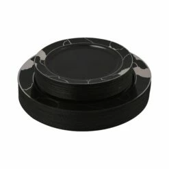 Wholesale 😍 Posh Setting 40 Pack Black and Silver Round Plastic Dinnerware Value Set - Marble (20 Guests) 🛒