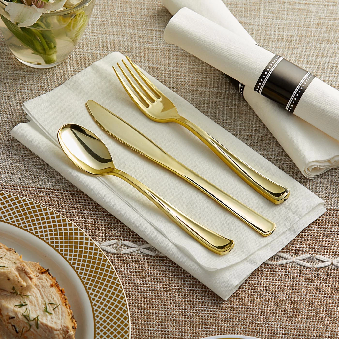 New ❤️ Posh Setting Gold Disposable Plastic Cutlery in White Napkin Rolls Set-Setting for 10 ⭐ 4 New ❤️ Posh Setting Gold Disposable Plastic Cutlery in White Napkin Rolls Set-Setting for 10 ⭐ - Image 2