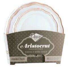 Budget ✨ Posh Setting 32 Piece Combo Pack Rose Gold and White Round Plastic Dinnerware Value Set (16 Servings) - Aristocrat ✔️