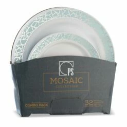 Top 10 ❤️ Posh Setting 32 Piece Combo Pack Blue and Silver Round Plastic Dinnerware Value Set (16 Servings) - Mosaic 😍