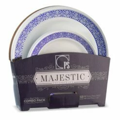 New ❤️ Posh Setting 32 Piece Combo Pack Blue and Silver Round Plastic Dinnerware Set (16 Servings) - Majestic 🛒