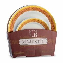 Cheap ⭐ Posh Setting 32 Piece Combo Pack Burgundy and Gold Round Plastic Dinnerware Set (16 Servings) - Majestic ✨