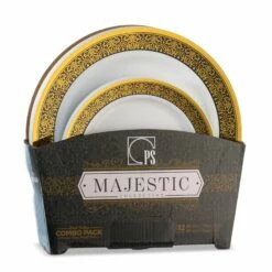 Best Pirce 🛒 Posh Setting 32 Piece Combo Pack Black and Gold Round Plastic Dinnerware Set (16 Servings) - Majestic 🥰