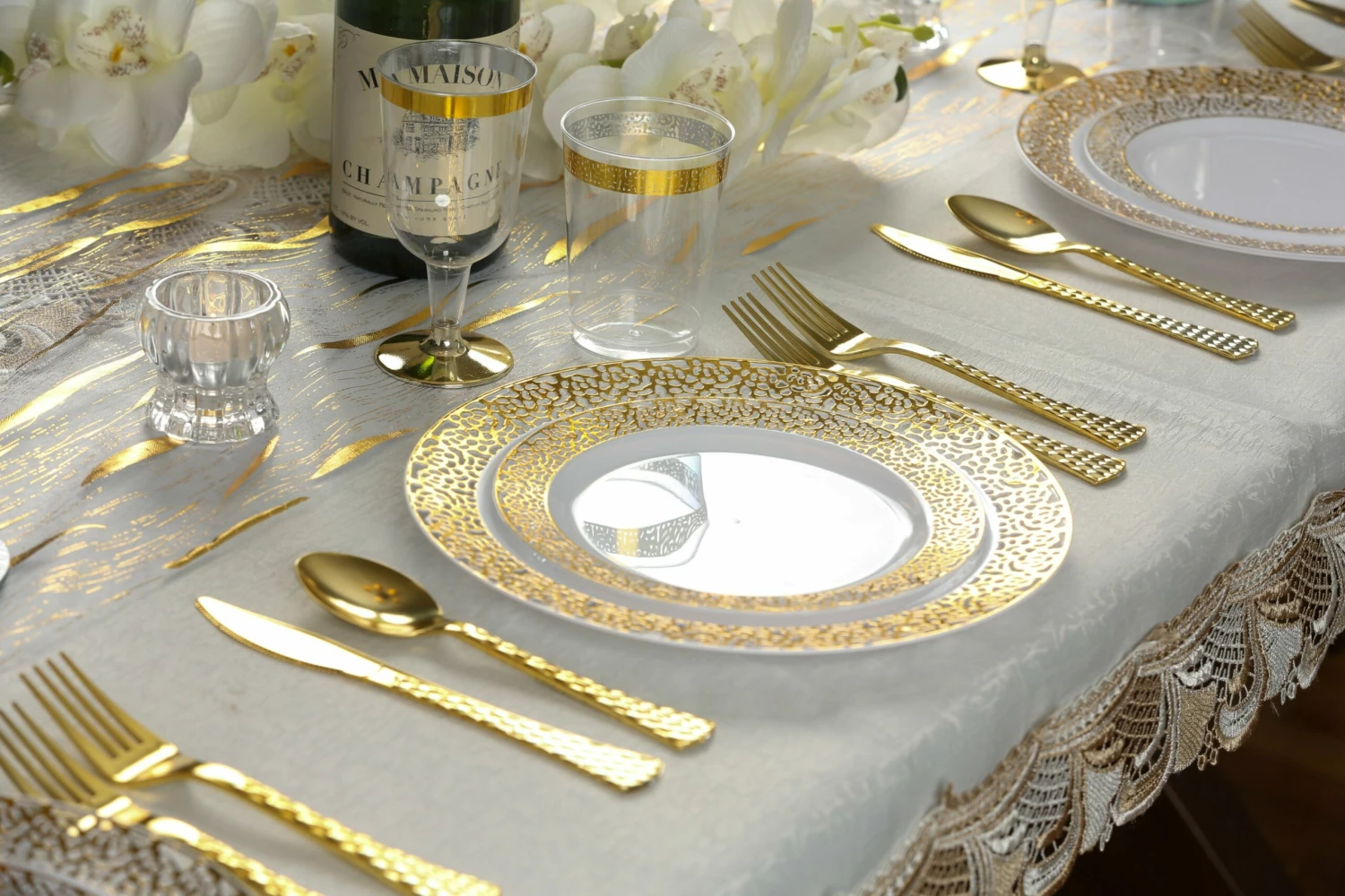 Buy π Posh Setting 100 Piece White and Gold Round Plastic Dinnerware and Silverware value set (20 Servings) - Lace β¨ 4 Buy π Posh Setting 100 Piece White and Gold Round Plastic Dinnerware and Silverware value set (20 Servings) - Lace β¨ - Image 2