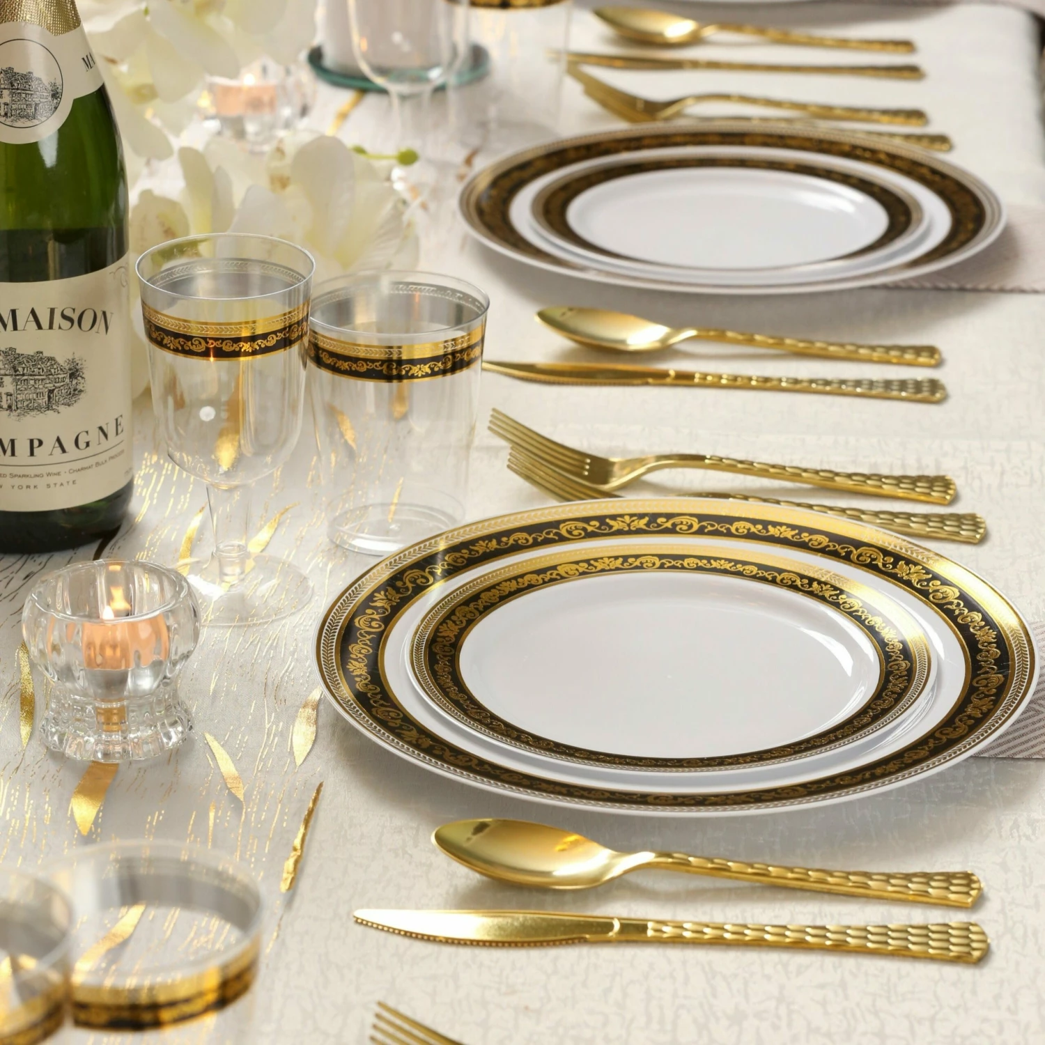 Best deal 💯 Posh Setting 100 Piece Black and Gold Round Plastic Dinnerware and Silverware Value Set (20 Guests) - Royal ⭐ 4 Best deal 💯 Posh Setting 100 Piece Black and Gold Round Plastic Dinnerware and Silverware Value Set (20 Guests) - Royal ⭐ - Image 2