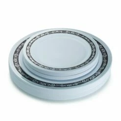 Outlet 🥰 Posh Setting 40 Pack Black and Silver Round Plastic Dinnerware Value Set (20 Guests) - Royal ✨