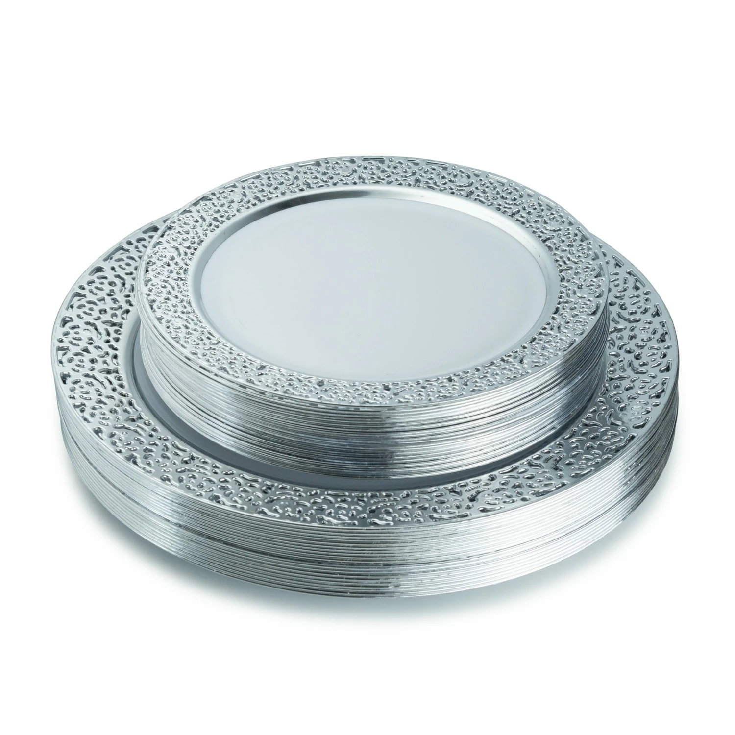 Deals ✨ Posh Setting 100 Piece White and Silver Round Plastic Dinnerware and Silverware value set (20 Servings) - Lace ⭐ 5 Deals ✨ Posh Setting 100 Piece White and Silver Round Plastic Dinnerware and Silverware value set (20 Servings) - Lace ⭐ - Image 3