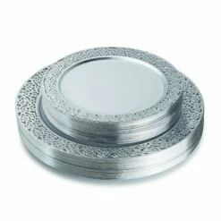 Top 10 🌟 Posh Setting 40 Piece Combo Pack White and Silver Round Plastic Dinnerware value set (20 Sevings) - Lace ✔️