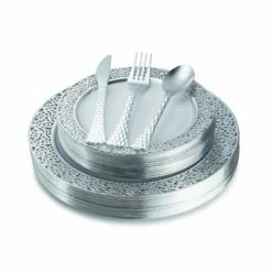 Deals ✨ Posh Setting 100 Piece White and Silver Round Plastic Dinnerware and Silverware value set (20 Servings) - Lace ⭐