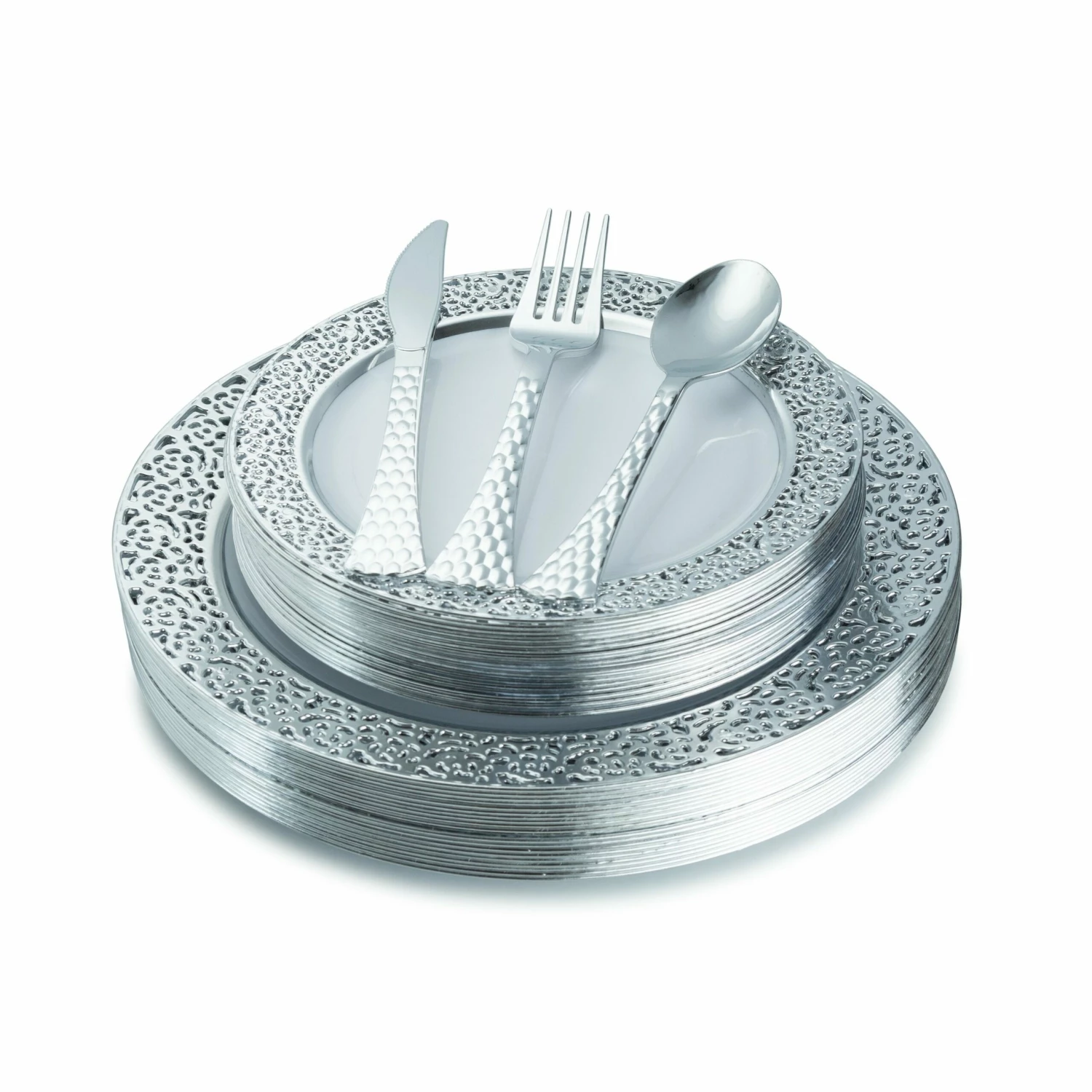 Deals ✨ Posh Setting 100 Piece White and Silver Round Plastic Dinnerware and Silverware value set (20 Servings) - Lace ⭐ 3 Deals ✨ Posh Setting 100 Piece White and Silver Round Plastic Dinnerware and Silverware value set (20 Servings) - Lace ⭐