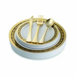 Best deal 💯 Posh Setting 100 Piece Black and Gold Round Plastic Dinnerware and Silverware Value Set (20 Guests) - Royal ⭐