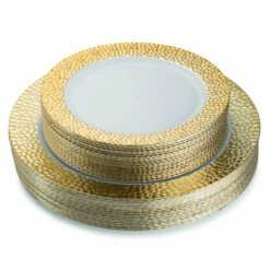Brand new β¨ Posh Setting 40 Piece Combo Pack White and Gold Round Plastic Dinnerware Value Set - π¨ Hammered π―