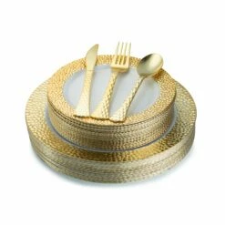 Buy 👍 Posh Setting 100 Piece White and Gold Round Plastic Dinnerware Value Set (20 Guests) - 🔨 Hammered 🔔