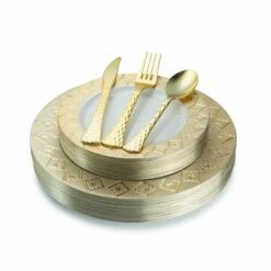 Coupon 😉 Posh Setting 100 Piece White and Gold Round Plastic Dinnerware and Silverware Value Set (20 Servings) - Imperial 😉