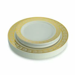 Cheap 😀 Posh Setting 100 Piece Cream and Gold Round Plastic Dinnerware and Silverware value set (20 Servings) - Premium 🛒 -Cheap poshsetting Store Originals 519