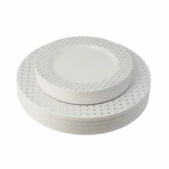 Outlet 🔔 Posh Setting 40 Piece Combo Pack White and Silver Round Plastic Dinnerware Value Set (20 Servings) - Sphere 🤩