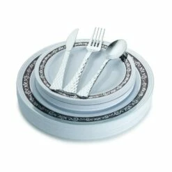 Discount 💯 Posh Setting 100 Piece Black and Silver Round Plastic Dinnerware and Silverware Value Set (20 Guests) - Royal 🔥