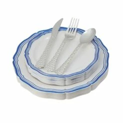 Wholesale ✨ Posh Setting 100 Piece White and Blue Round Plastic Dinnerware and Silverware value set (20 Servings) - Aristocrat 🤩