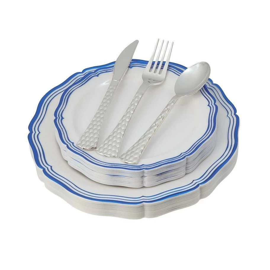 Wholesale ✨ Posh Setting 100 Piece White and Blue Round Plastic Dinnerware and Silverware value set (20 Servings) - Aristocrat 🤩 3 Wholesale ✨ Posh Setting 100 Piece White and Blue Round Plastic Dinnerware and Silverware value set (20 Servings) - Aristocrat 🤩
