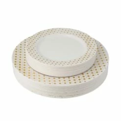 Flash Sale 😉 Posh Setting 40 Piece Combo Pack White and Gold Round Plastic Dinnerware Value Set (20 Servings) - Sphere 😍