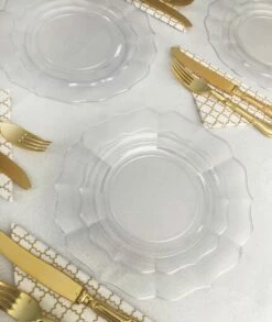 Cheap 😉 Posh Setting 40 Pack Clear Round Plastic Dinnerware Value Set (20 Guests) - Scalloped ✨ -Cheap poshsetting Store ScallopCollectionClearSetup
