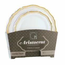 Buy β€οΈ Posh Setting 32 Piece Combo Pack White and Gold Round Plastic Dinnerware Value Set (16 Servings) - Aristocrat π