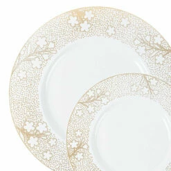 Best reviews of βοΈ Posh Setting 20 Pack White and Gold Wide Rim Plastic Dinnerware Set (10 Guests) - Cherry Blossom π