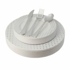 Buy 🔔 Posh Setting 100 Piece White and Silver Round Plastic Dinnerware and Silverware value set (20 Servings) - Sphere 👍