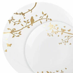 Budget π€© Posh Setting 32 Pack White and Gold Round Plastic Dinnerware Set (16 Guests) - Spring π